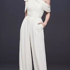 David's Bridal Off-Shoulder Cream Jumpsuit